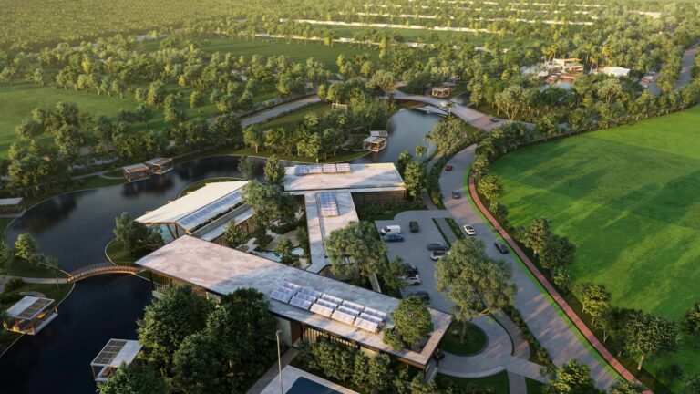 vista aerea a casa club, lagos y áreas verdes