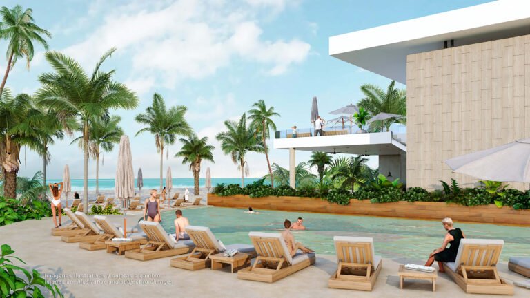 hombres y mujeres disfrutando de la piscina y área de camastros en beach club