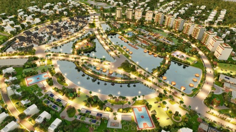 vista aerea de distribución de viviendas, amenidades y áreas verdes