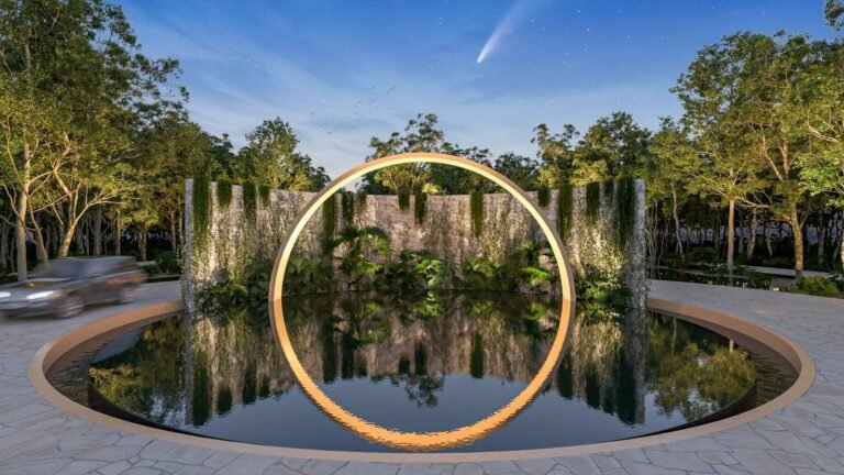 vista del camino a la entrada a residencial y fuente